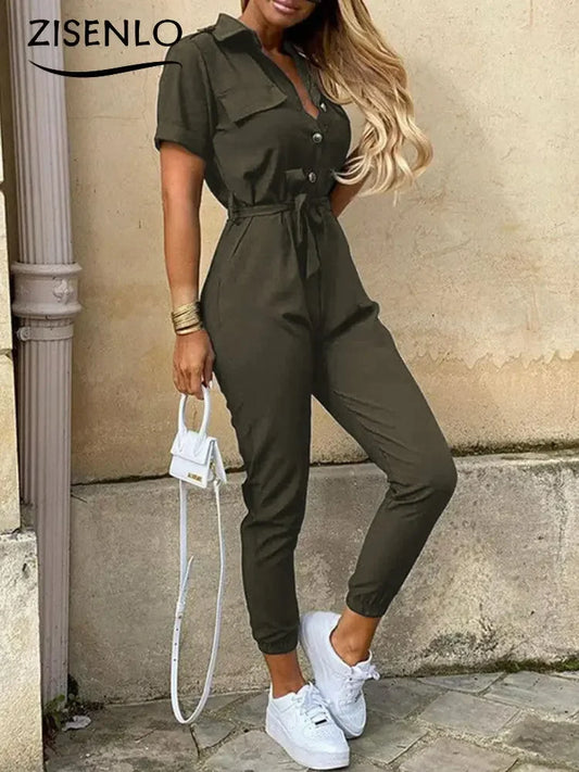 Printed Belt Lapel Jumpsuit