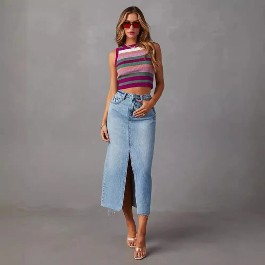 Pleated Cotton Denim Skirt