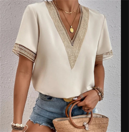 Lace Spliced V-Neck Blouse