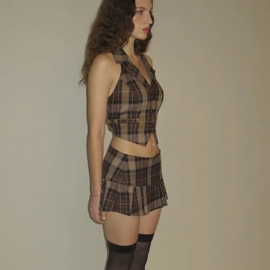 Vintage Plaid V-Neck Set