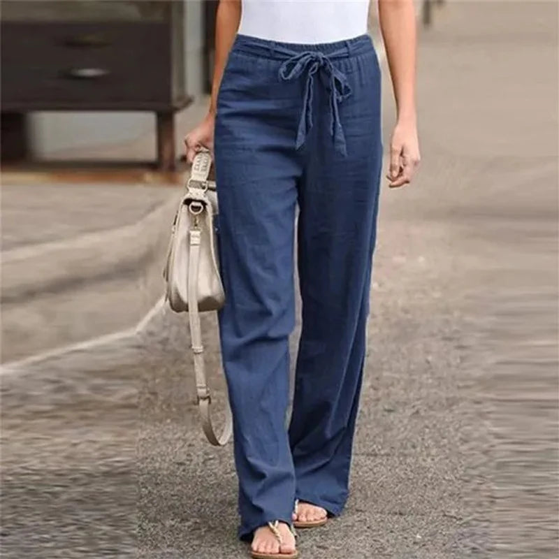Elastic Waist Straight Linen Pants - Lightweight Polyester