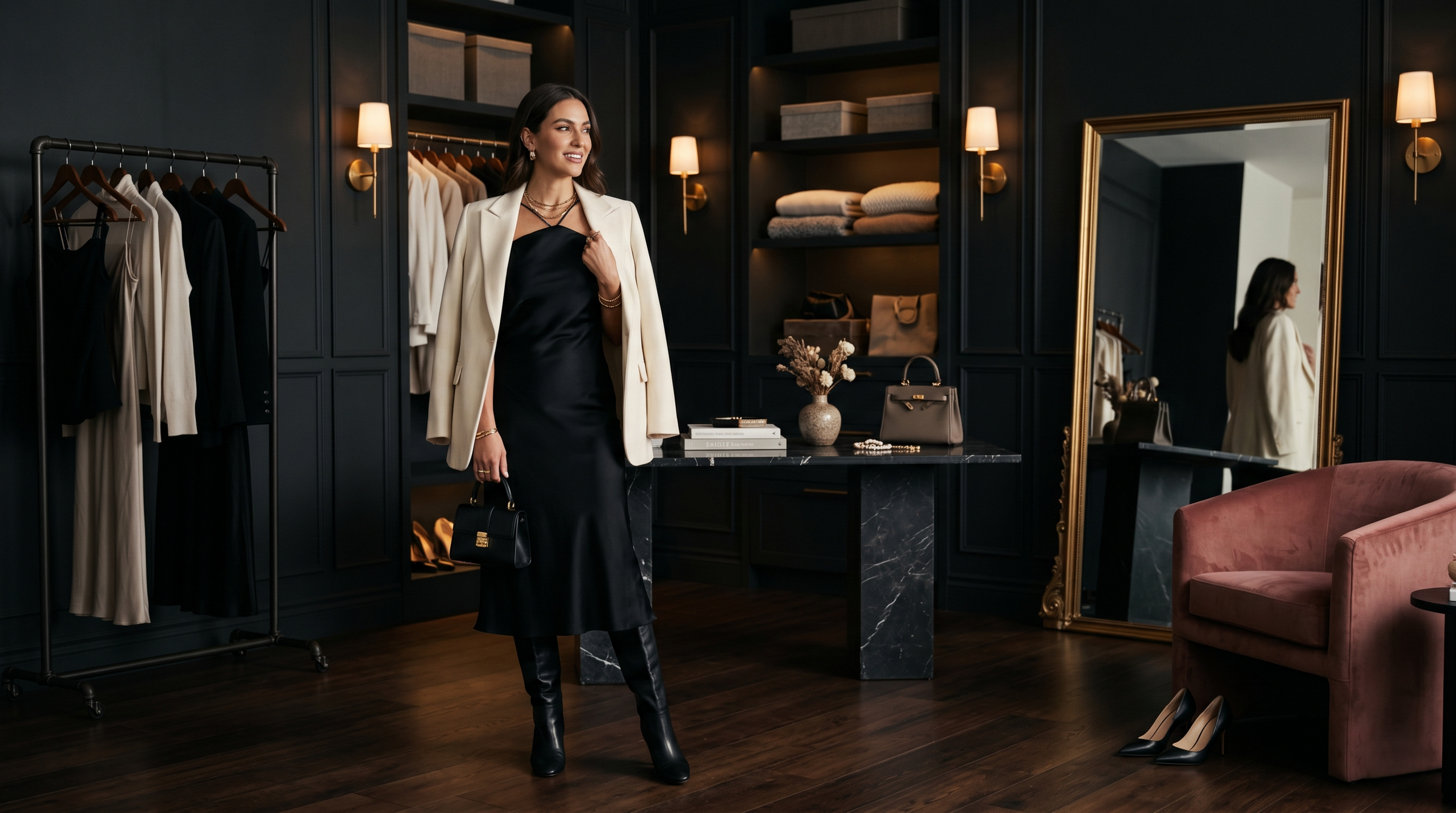 Luxury fashion wardrobe campaign scene