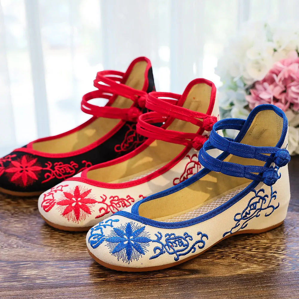 Spring Floral Embroidered Flat Shoes - Cotton Buckle Strap