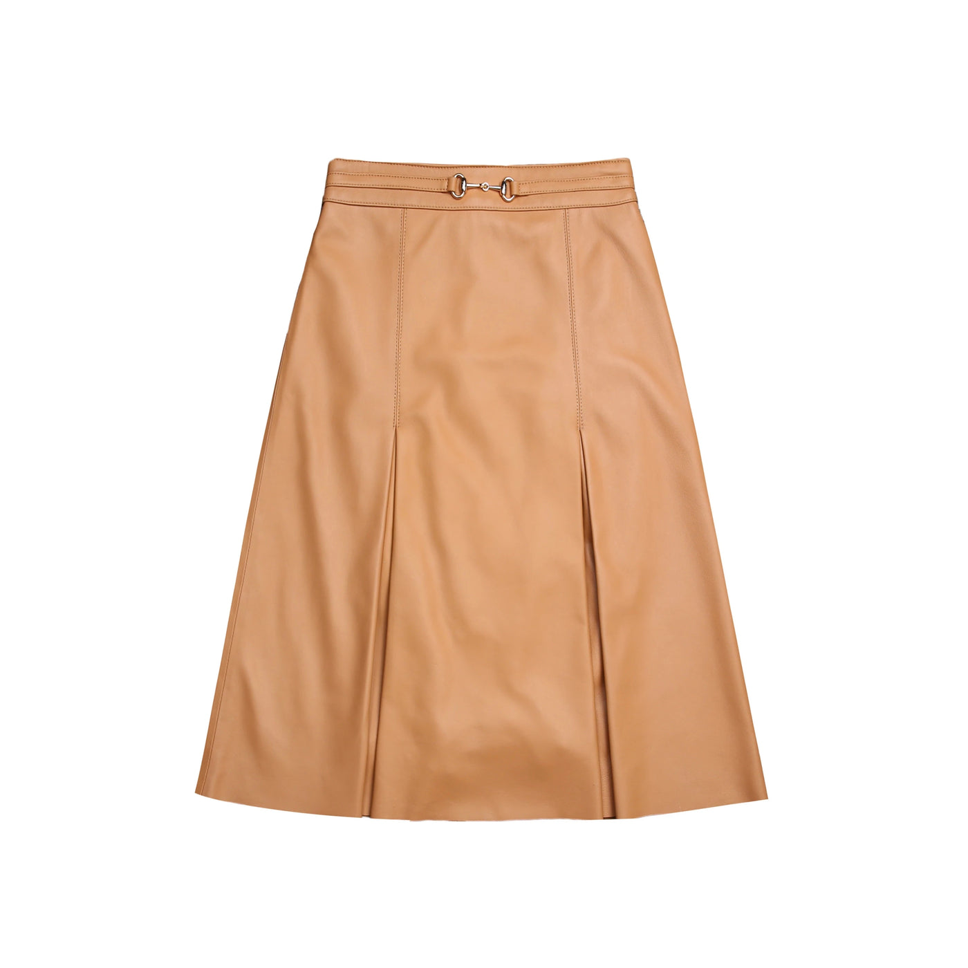 Camel Solid Pleated Elegant Leather Skirt - Genuine Knee-Length