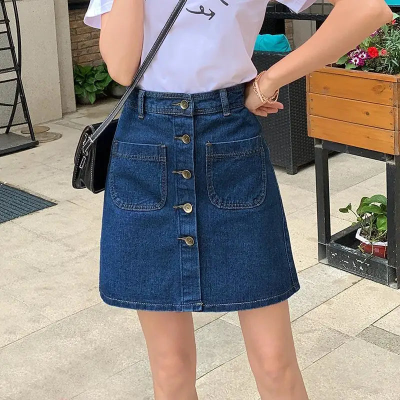 High Waist Denim Skirt - Classic A-Line Mid-Calf Cotton Skirt