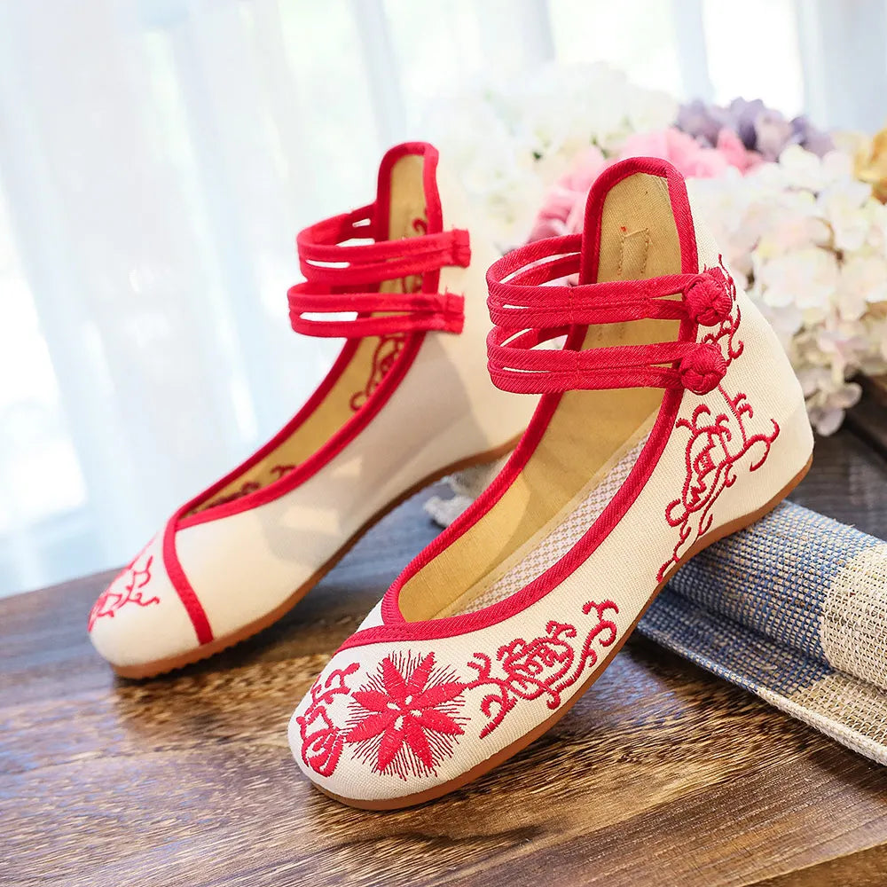 Spring Floral Embroidered Flat Shoes - Cotton Buckle Strap