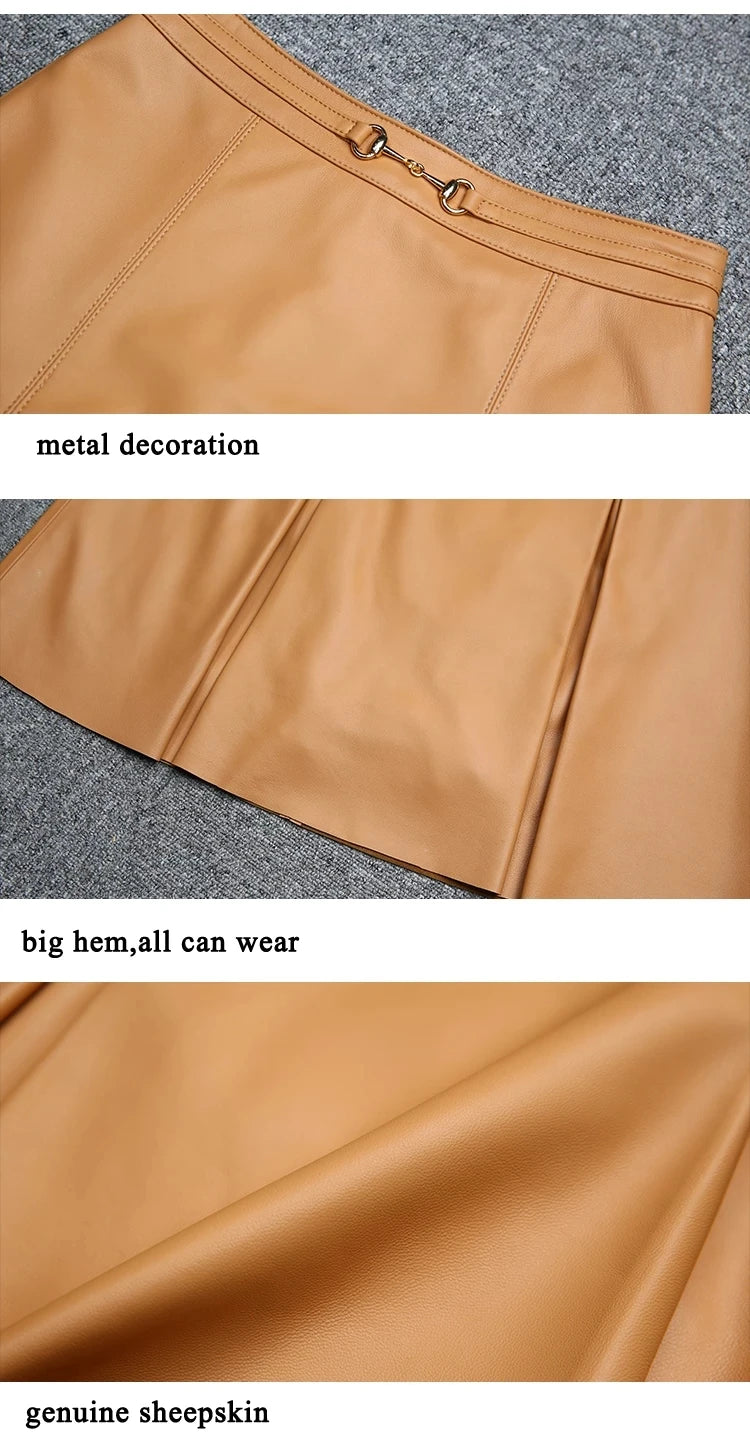 Camel Solid Pleated Elegant Leather Skirt - Genuine Knee-Length