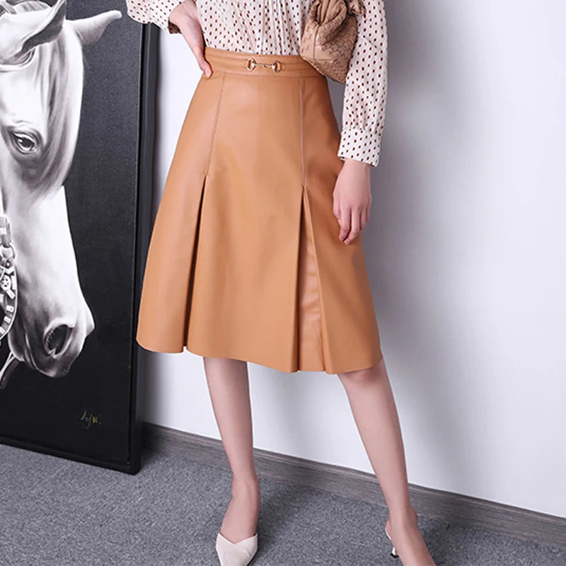 Camel Solid Pleated Elegant Leather Skirt - Genuine Knee-Length