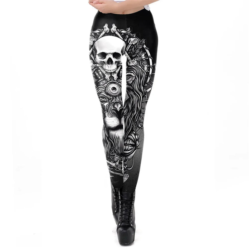 Gothic Skull Print Leggings - Edgy High-Performance Spandex Pants