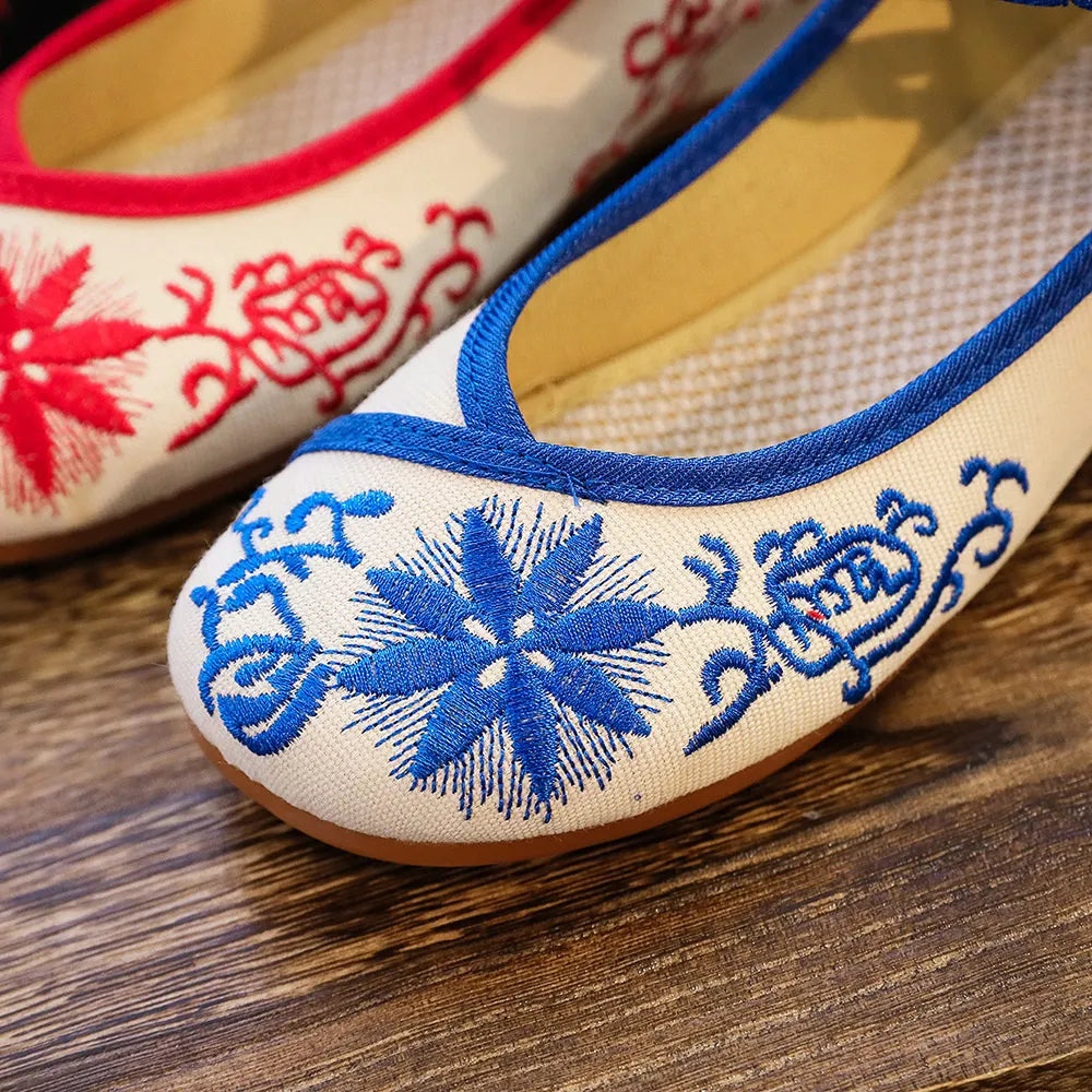 Spring Floral Embroidered Flat Shoes - Cotton Buckle Strap