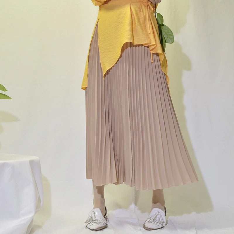 Vintage Pleated Midi Skirt - Elegant High Waist Long Skirt
