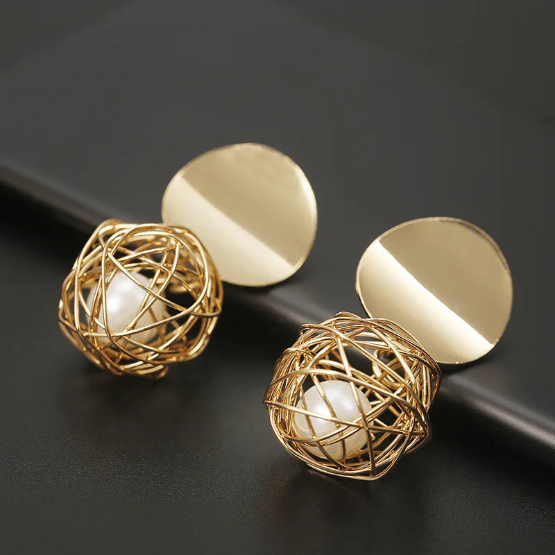Geometric Woven Ball Pearl Earrings - Timeless Craftsmanship