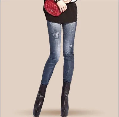 Faux Denim Leggings - Stretchy Polyester Comfort