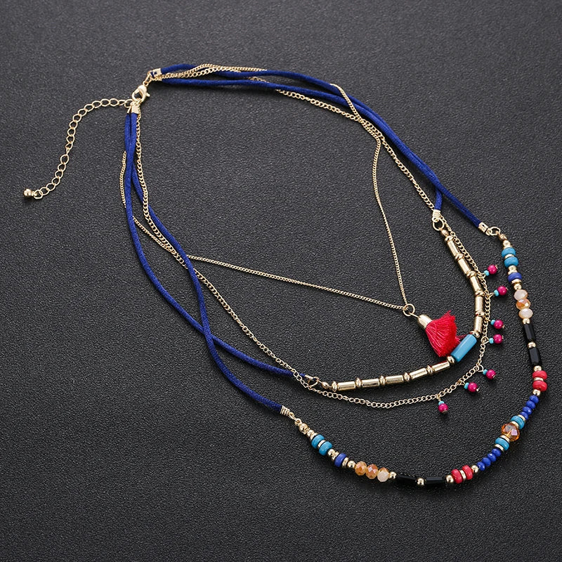 Multi Color Layer Bead Necklace - Light-Catching Zinc Alloy