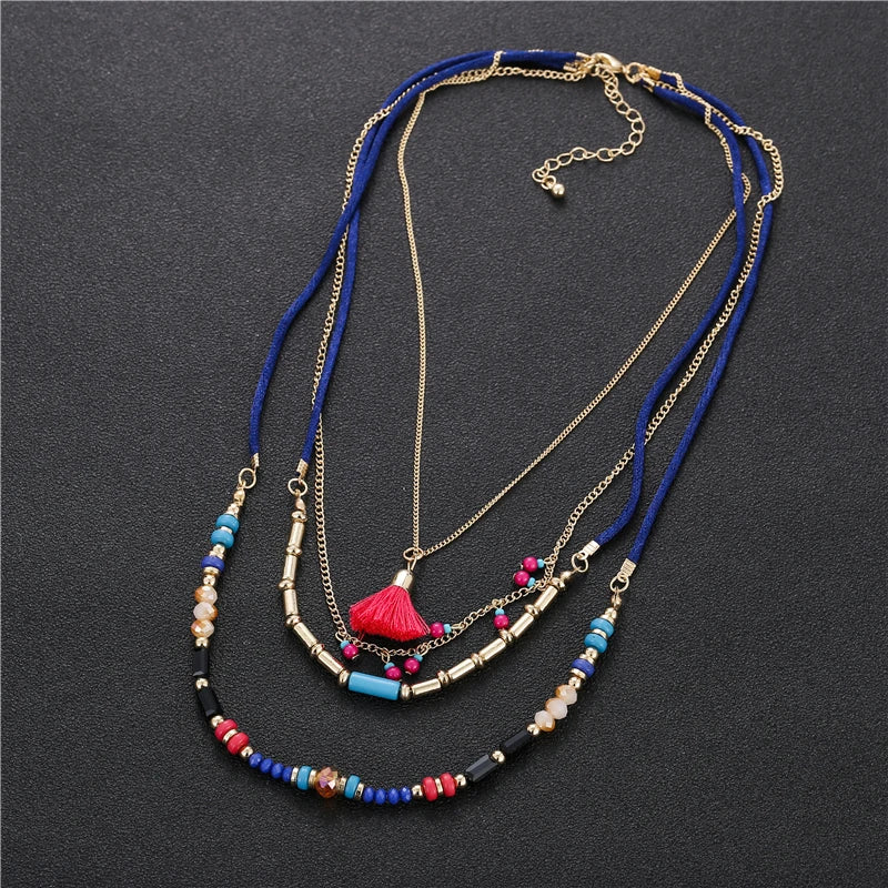 Multi Color Layer Bead Necklace - Light-Catching Zinc Alloy