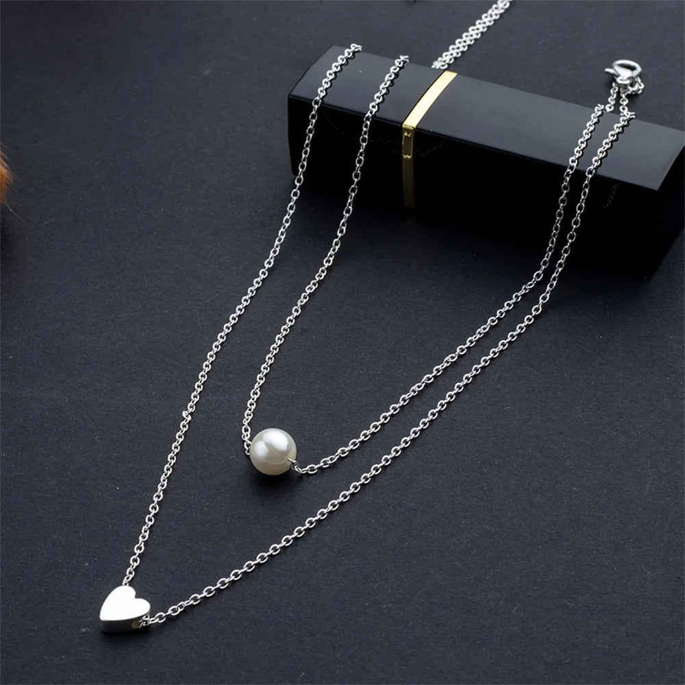 Sweet Double Layers Imitation Pearls Heart Pendant Necklace
