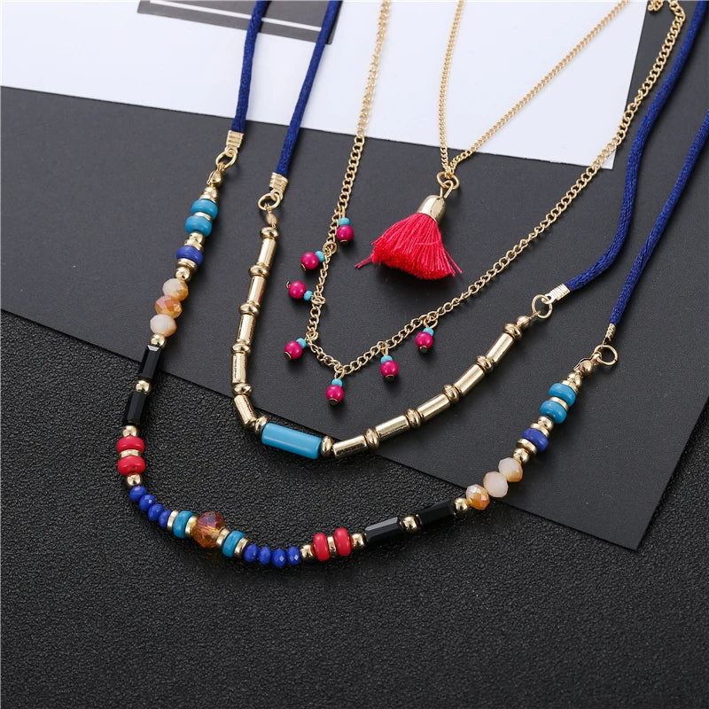 Multi Color Layer Bead Necklace - Light-Catching Zinc Alloy