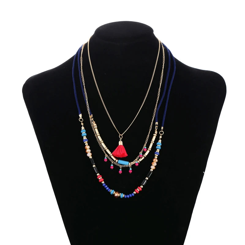 Multi Color Layer Bead Necklace - Light-Catching Zinc Alloy