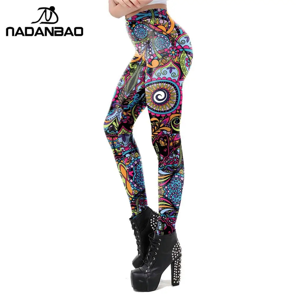 Round Ombre Flower Printing Leggings - Spandex Second-Skin