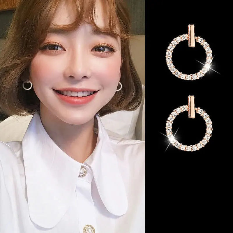 Crystal Rhinestone Round Stud Earrings - 925 Silver Sparkle