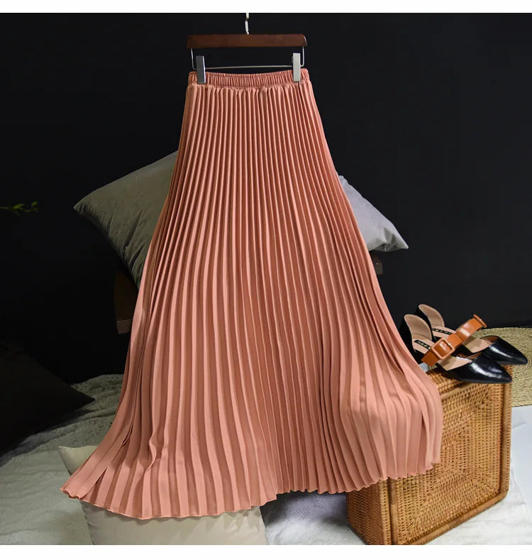 Vintage Pleated Midi Skirt - Elegant High Waist Long Skirt