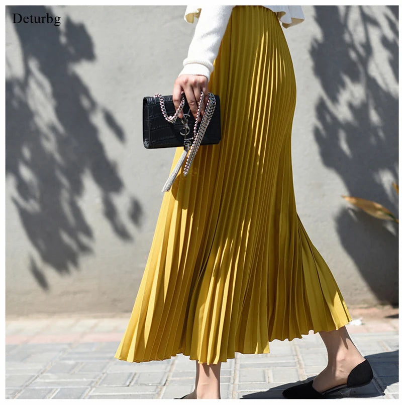 Vintage Pleated Midi Skirt - Elegant High Waist Long Skirt