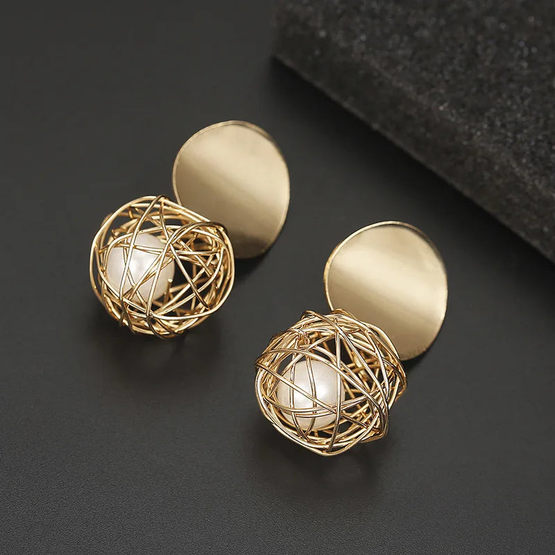 Geometric Woven Ball Pearl Earrings - Timeless Craftsmanship