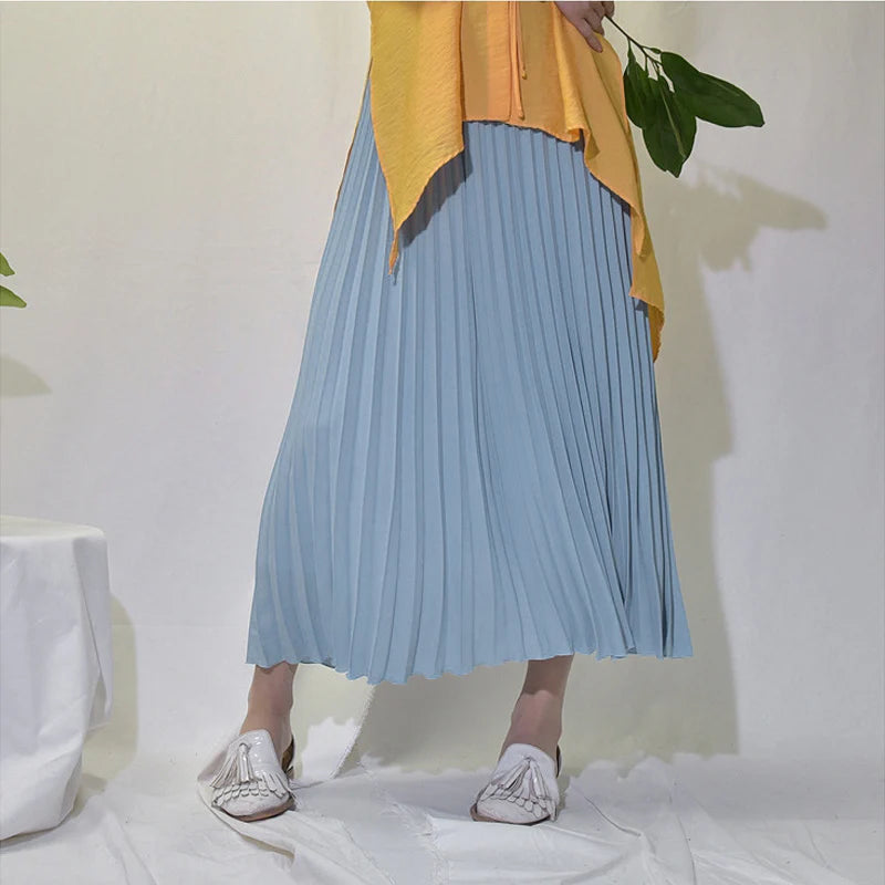 Vintage Pleated Midi Skirt - Elegant High Waist Long Skirt