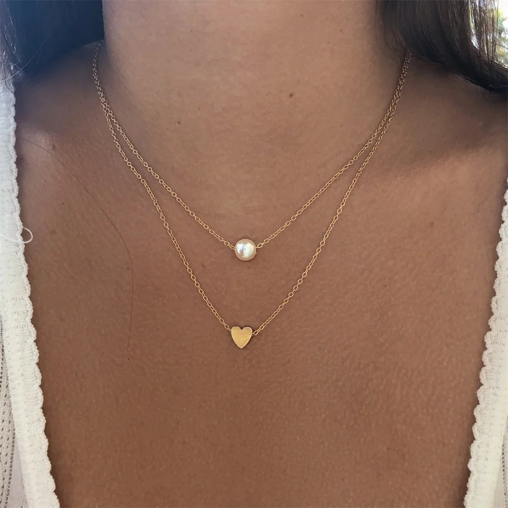 Sweet Double Layers Imitation Pearls Heart Pendant Necklace