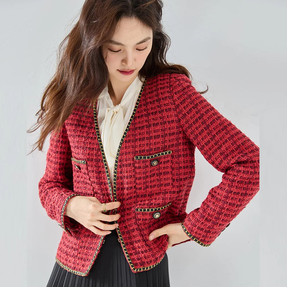 Elegant Tweed Wool Coat - Women's Autumn Winter Office Blazer