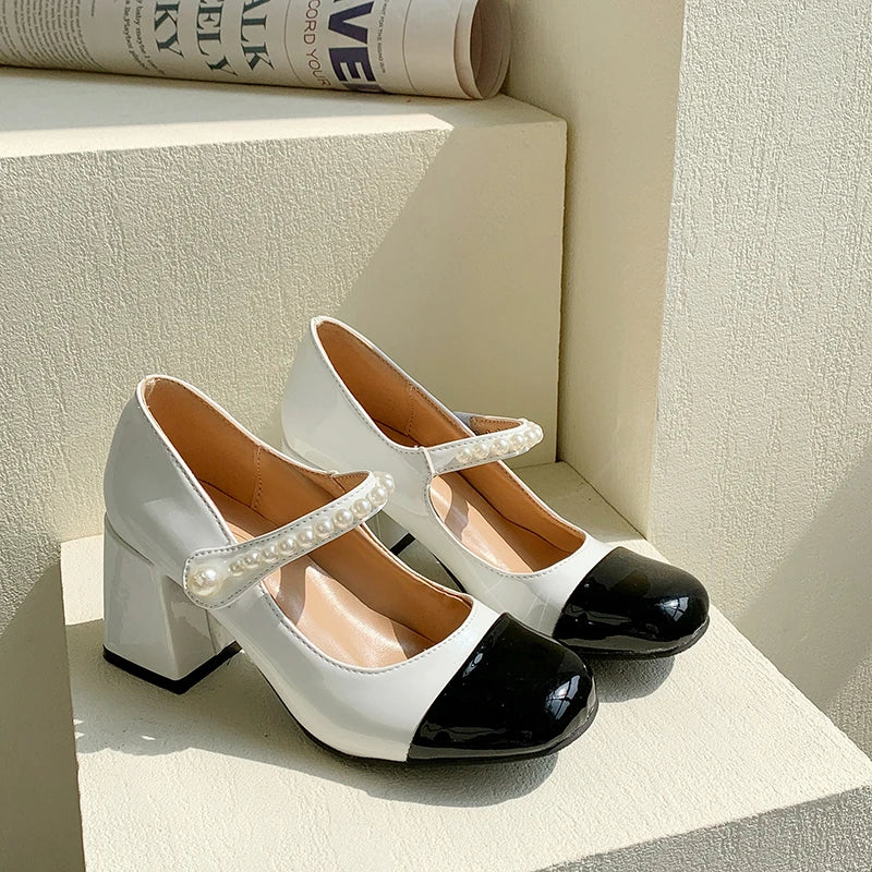 Round Toe Strap High Heel - Genuine Leather Chunky TPR