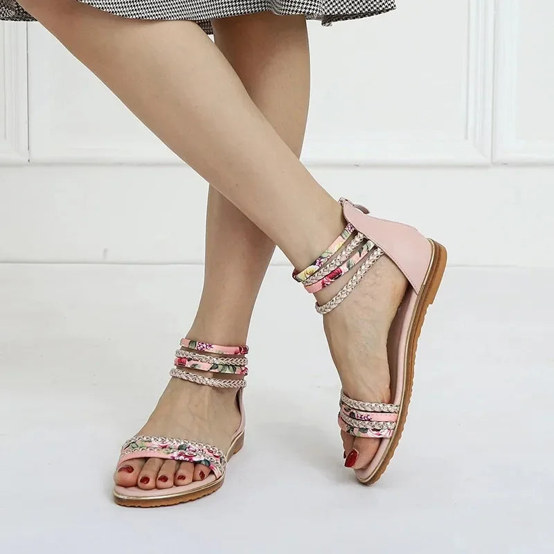 Bohemian Strappy Sandal - Rhinestone PU Flat Comfort