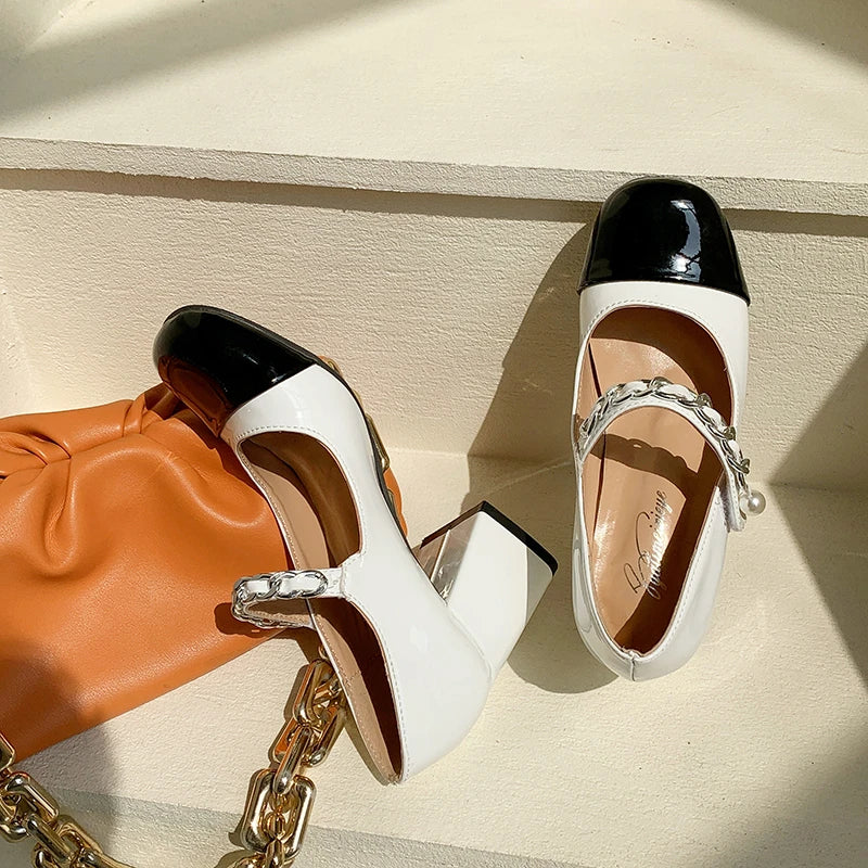 Round Toe Strap High Heel - Genuine Leather Chunky TPR