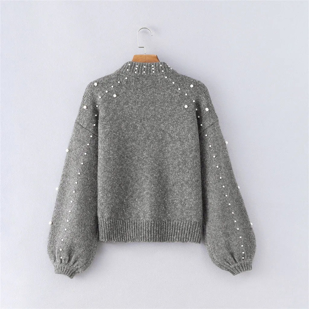 Elegant Beaded V-Neck Sweater - Lightweight Polyester Pullover