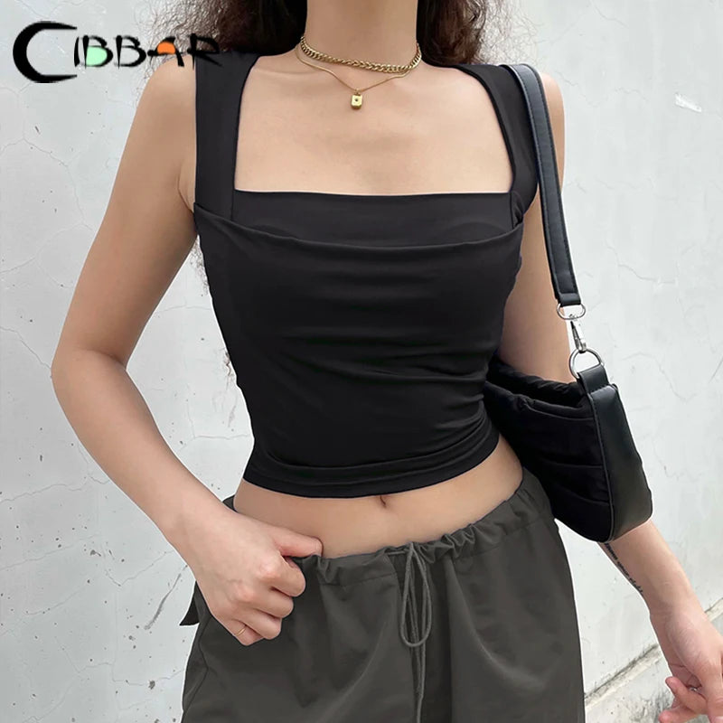 Elegant Square Collar Crop Top - Premium Polyester