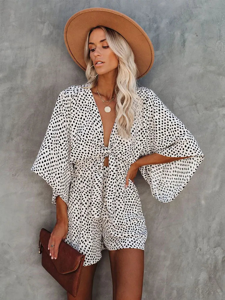 Leopard Print Bowknot Romper - 100% Cotton Chic
