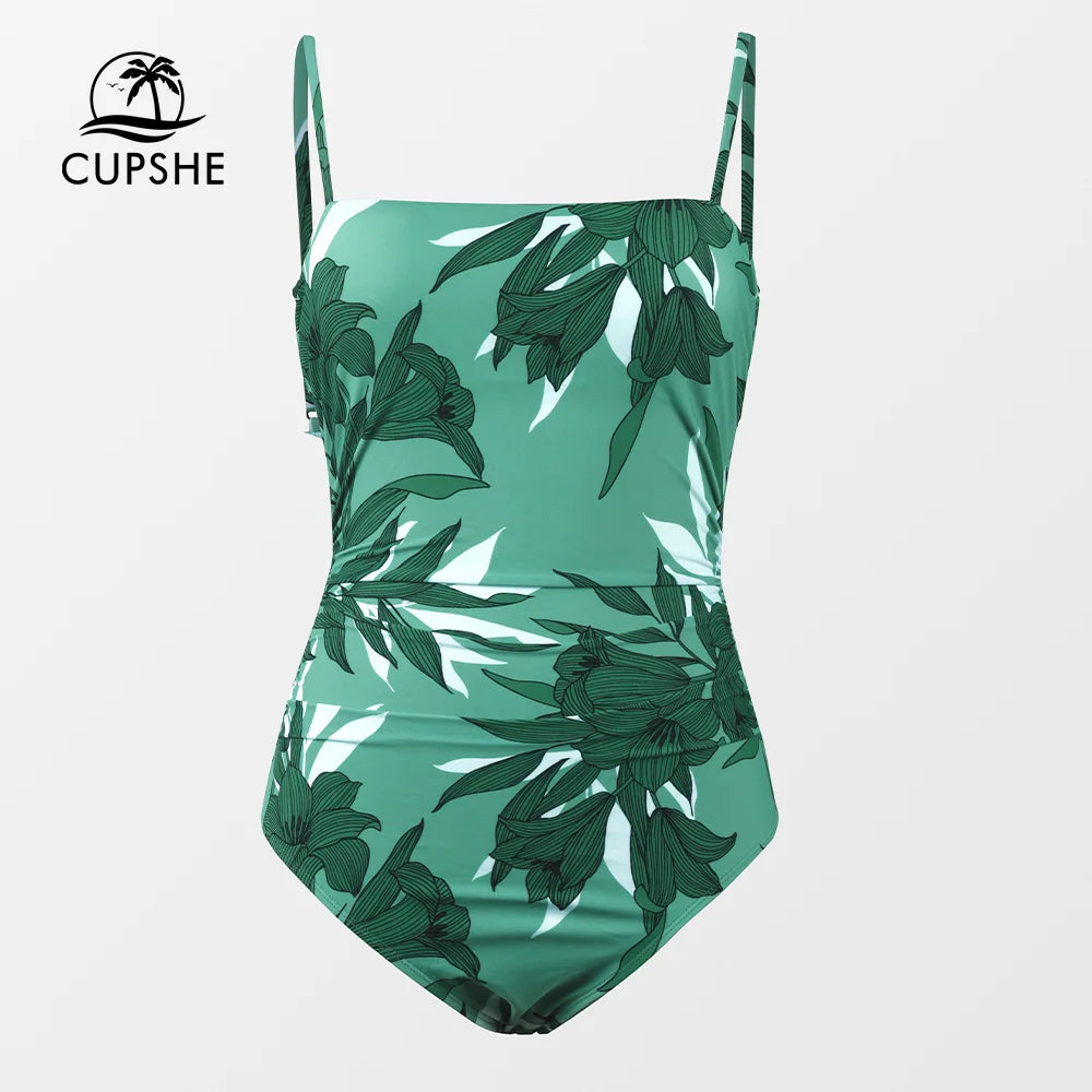 Leaf Print Square Neck One-Piece Swimsuit - Stretchy Spandex
