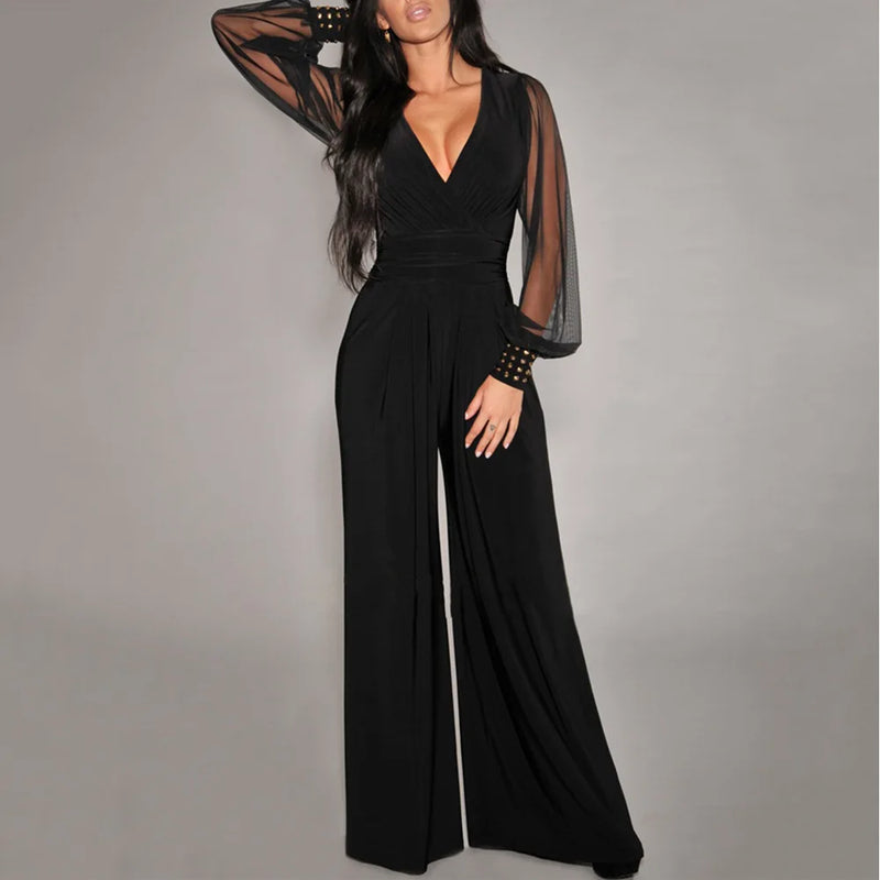V Neck Long Sleeves Lapel Solid Jumpsuit - Elegant Polyester