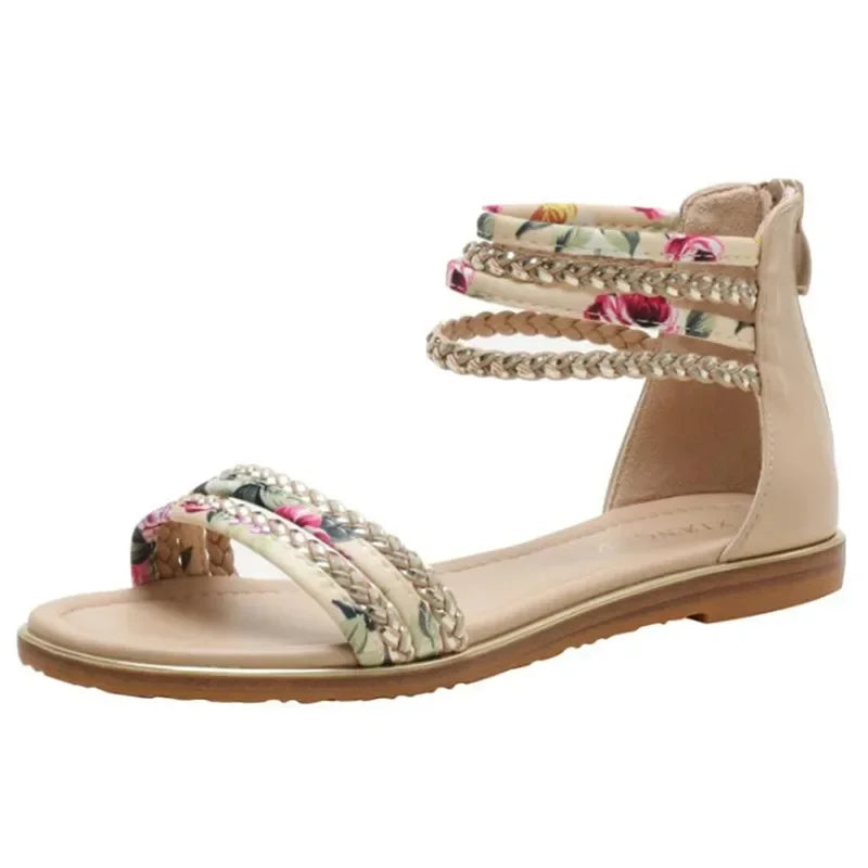 Bohemian Strappy Sandal - Rhinestone PU Flat Comfort