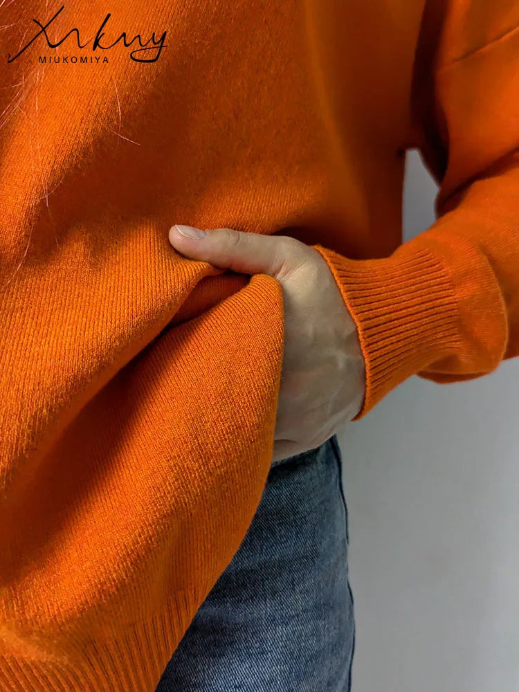 Turtleneck Side Split Knitted Sweater - Cozy Loose Fit Pullover