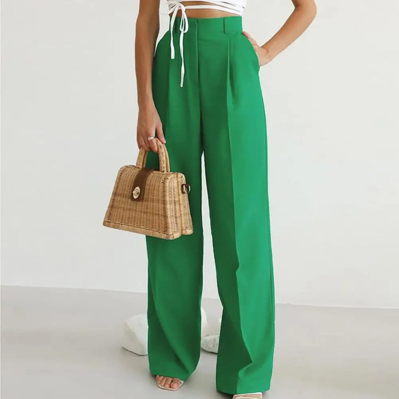 Green High Waist Wide Leg Pants - Elegant Loose Fit Trousers