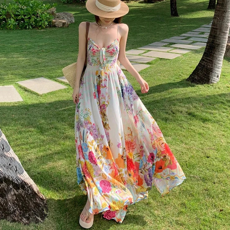 Summer Floral Print Boho Maxi Dress - Chiffon Elegance