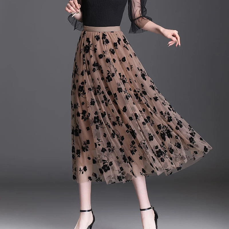 Elegant Mesh Floral Skirt - Mid-Calf A-Line Skirt