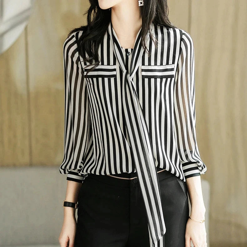 Striped Print Shirt - Lightweight Breathable Chiffon