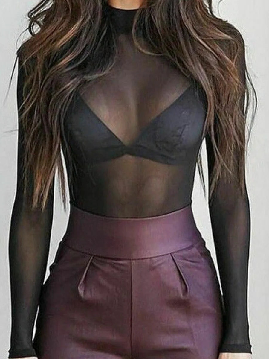 Sheer Mesh Fish Net Blouse - Polyester Panelled Pattern