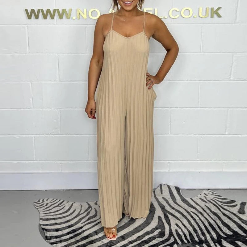 Summer Solid Pleated Wide Leg Jumpsuit - Sophisticated Style