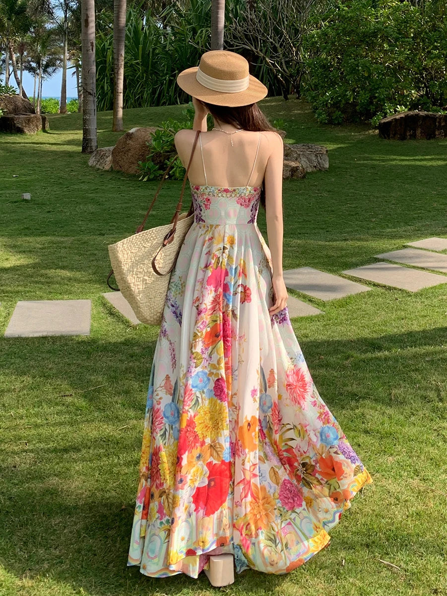 Summer Floral Print Boho Maxi Dress - Chiffon Elegance