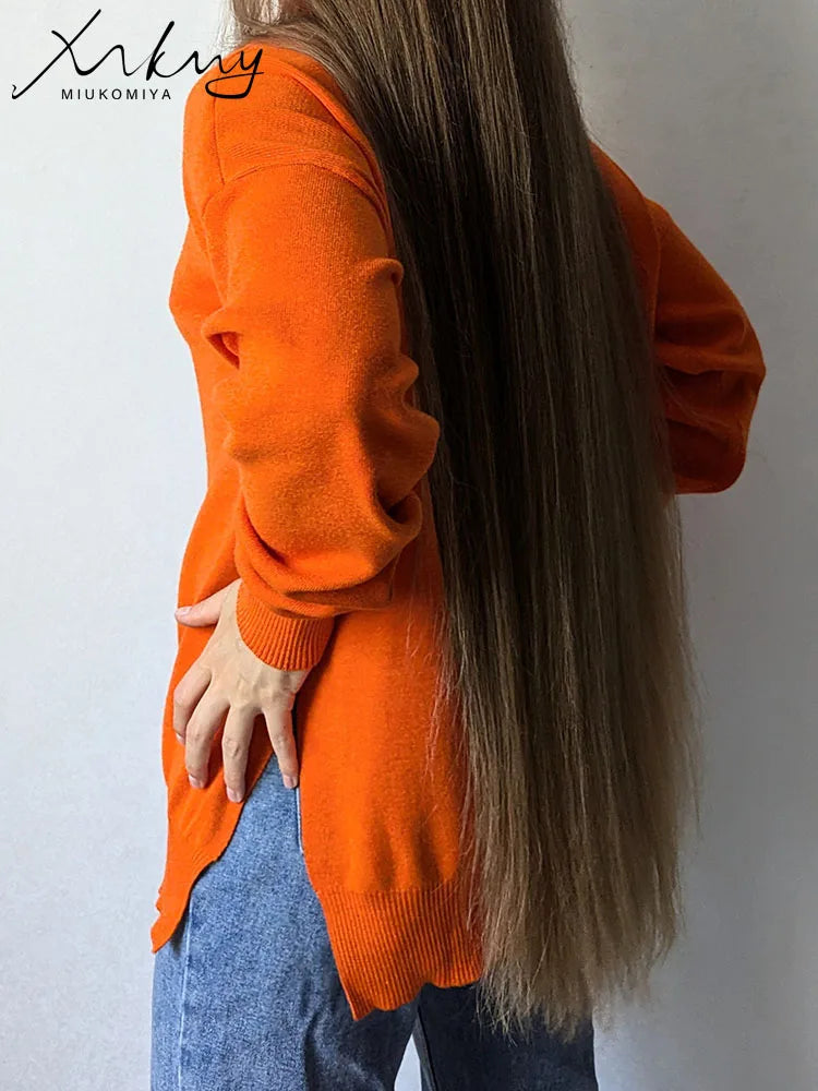 Turtleneck Side Split Knitted Sweater - Cozy Loose Fit Pullover