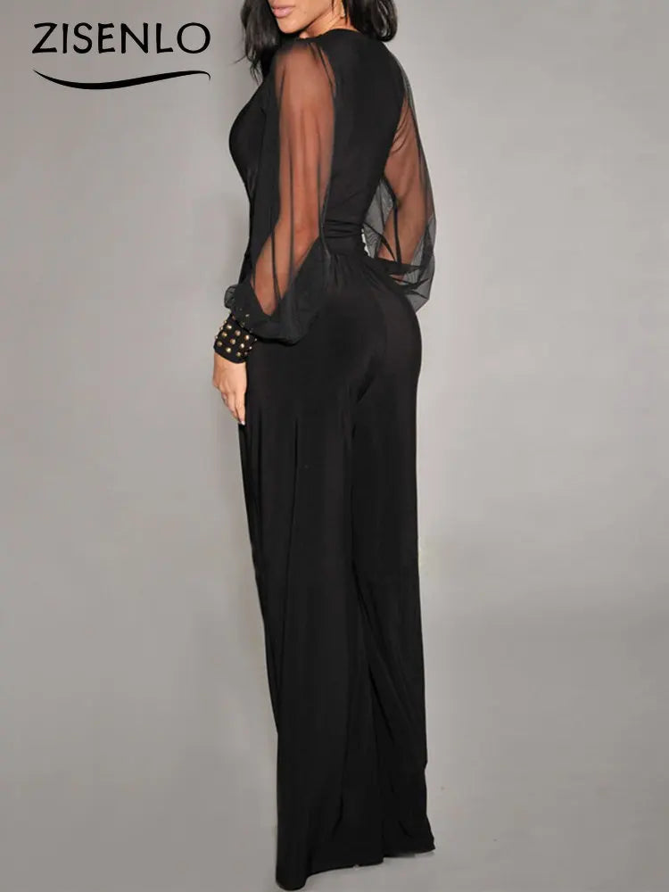 V Neck Long Sleeves Lapel Solid Jumpsuit - Elegant Polyester