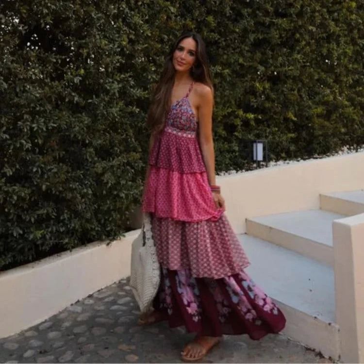 Women's Print Layered Pleat Sling Dress - Sophisticated Elegance